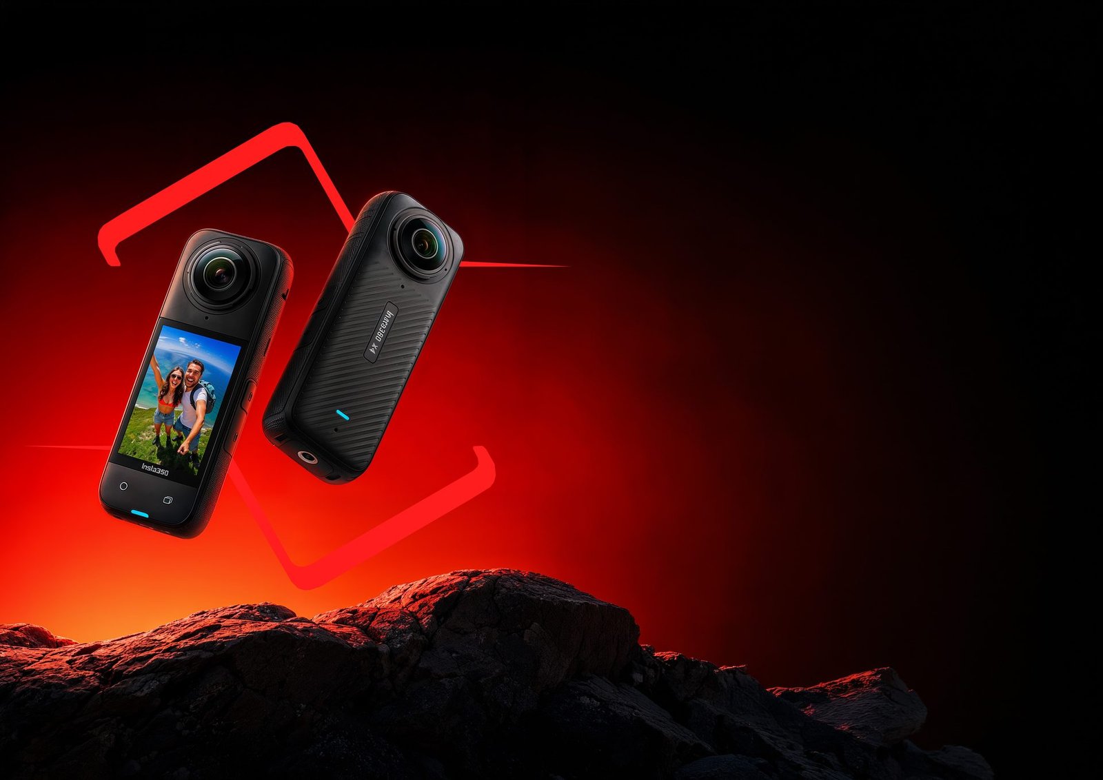 360-degree action cameras on volcanic red rock