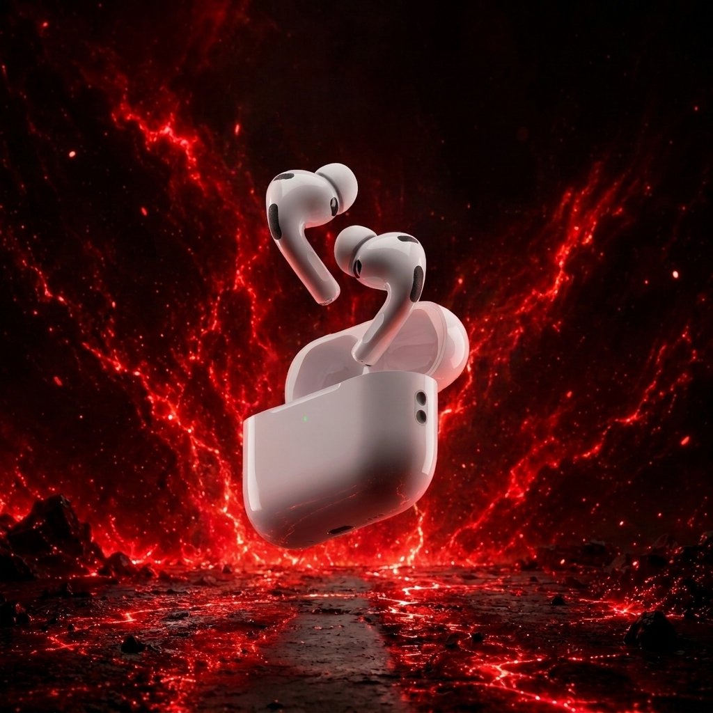AirPods Max and speakers staged on deep red podiums