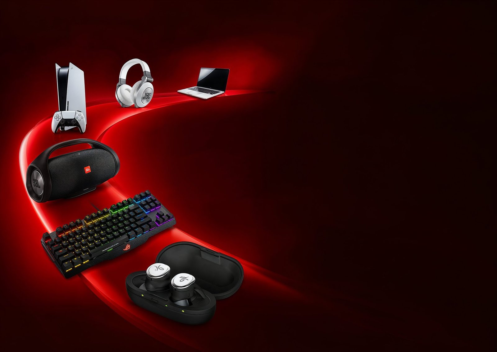 PS5, mechanical keyboard and headset in a red-lit gaming setup