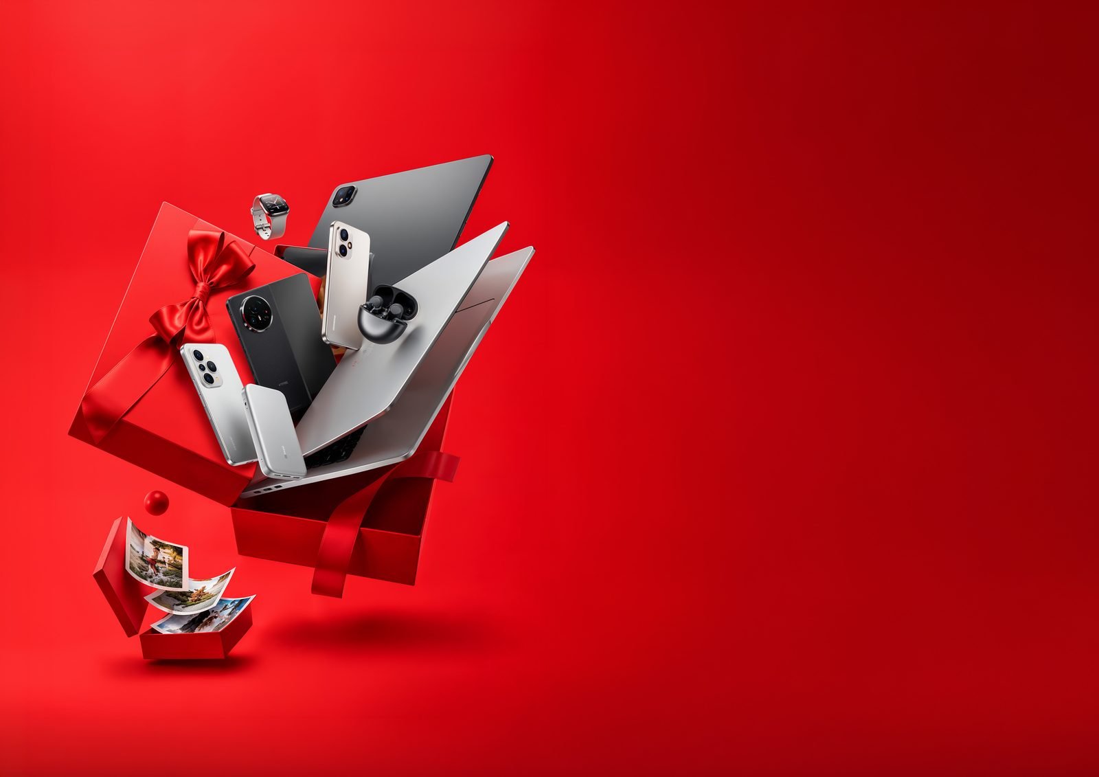 Devices with protective cases and glass launching from a red gift box
