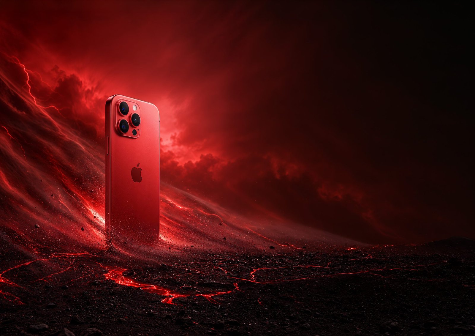 iPhone 17 Pro in a red storm-lit landscape