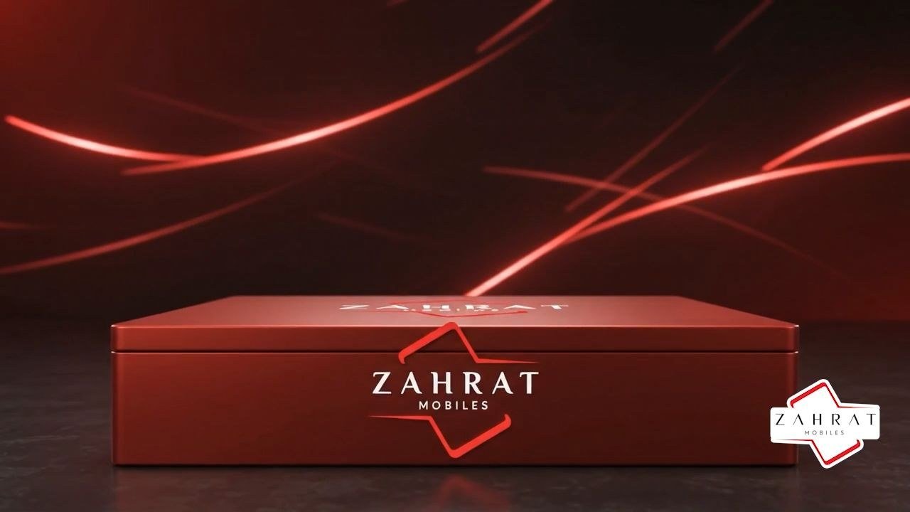 A red Zahrat Mobiles gift box on a dark stage lit by red light streaks — hero artwork