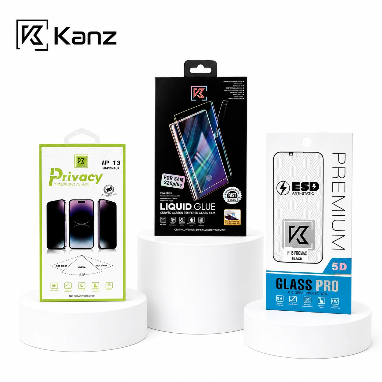 Kanz tempered glass range — privacy, liquid glue and 5D glass pro packs on white podiums