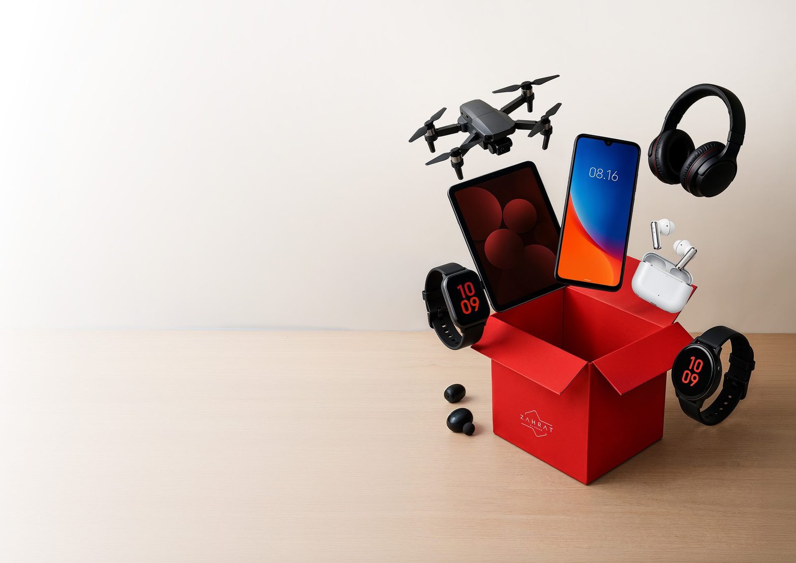 KOZO gift box bursting with a tablet, phone, headphones and smartwatch