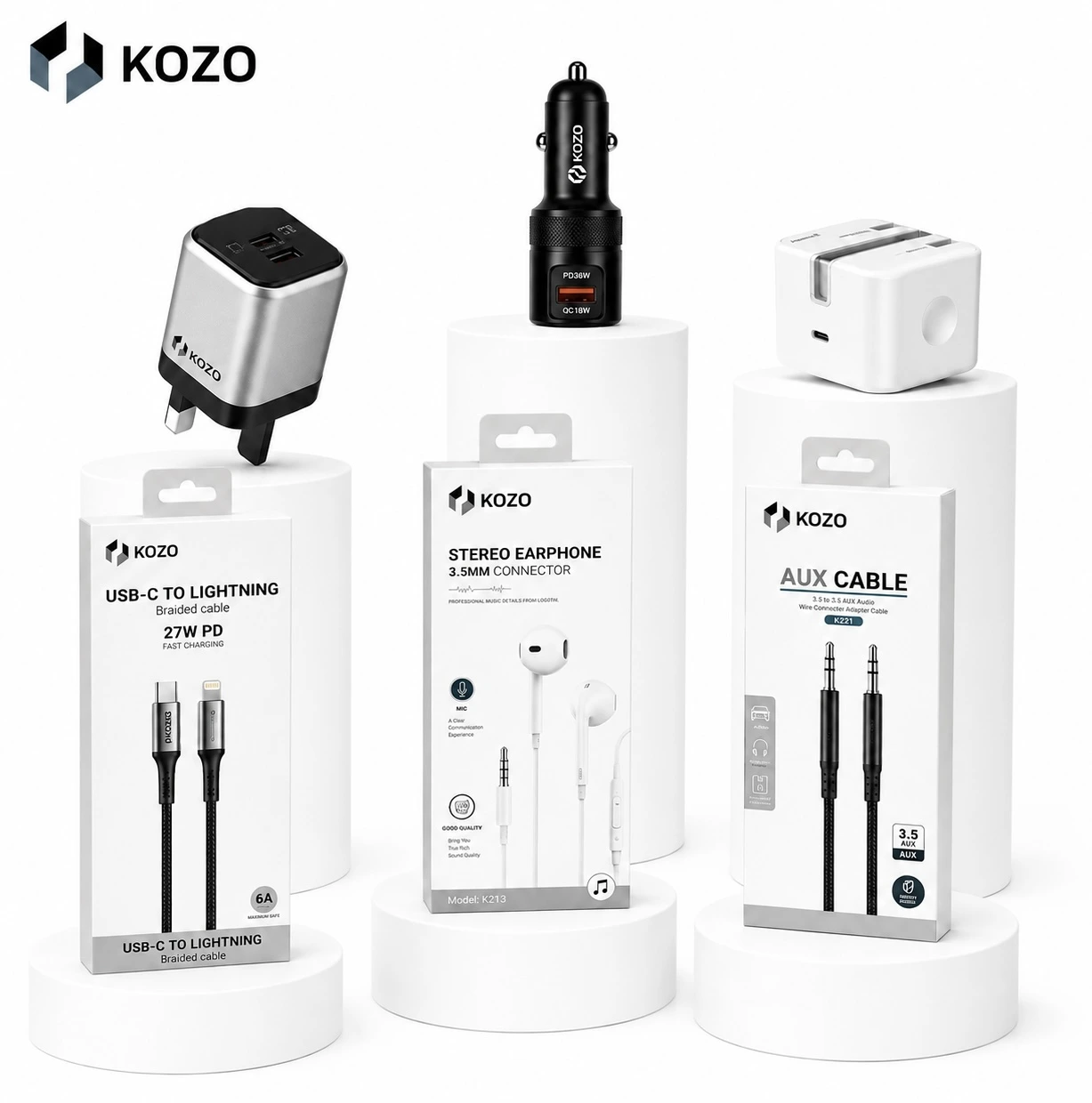 KOZO chargers, stereo earphones and braided cables staged on white podiums