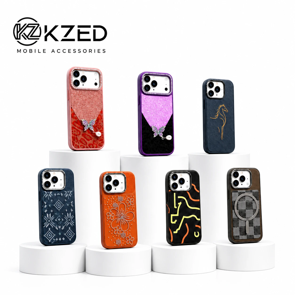 KZED premium mobile cases in leather, patterned and stone-textured designs on white podiums