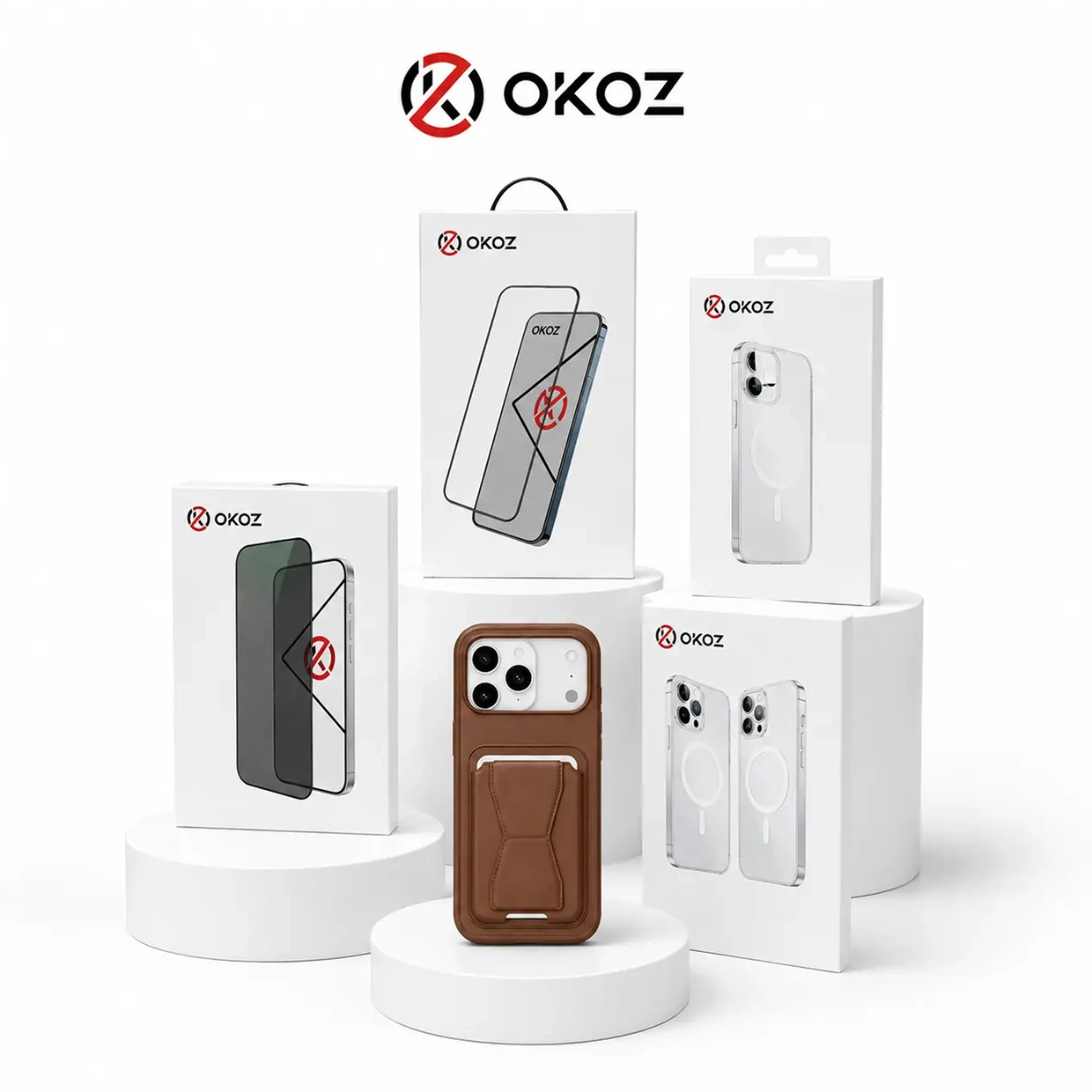 OKOZ phone cases, MagSafe covers and screen protection lineup on white podiums
