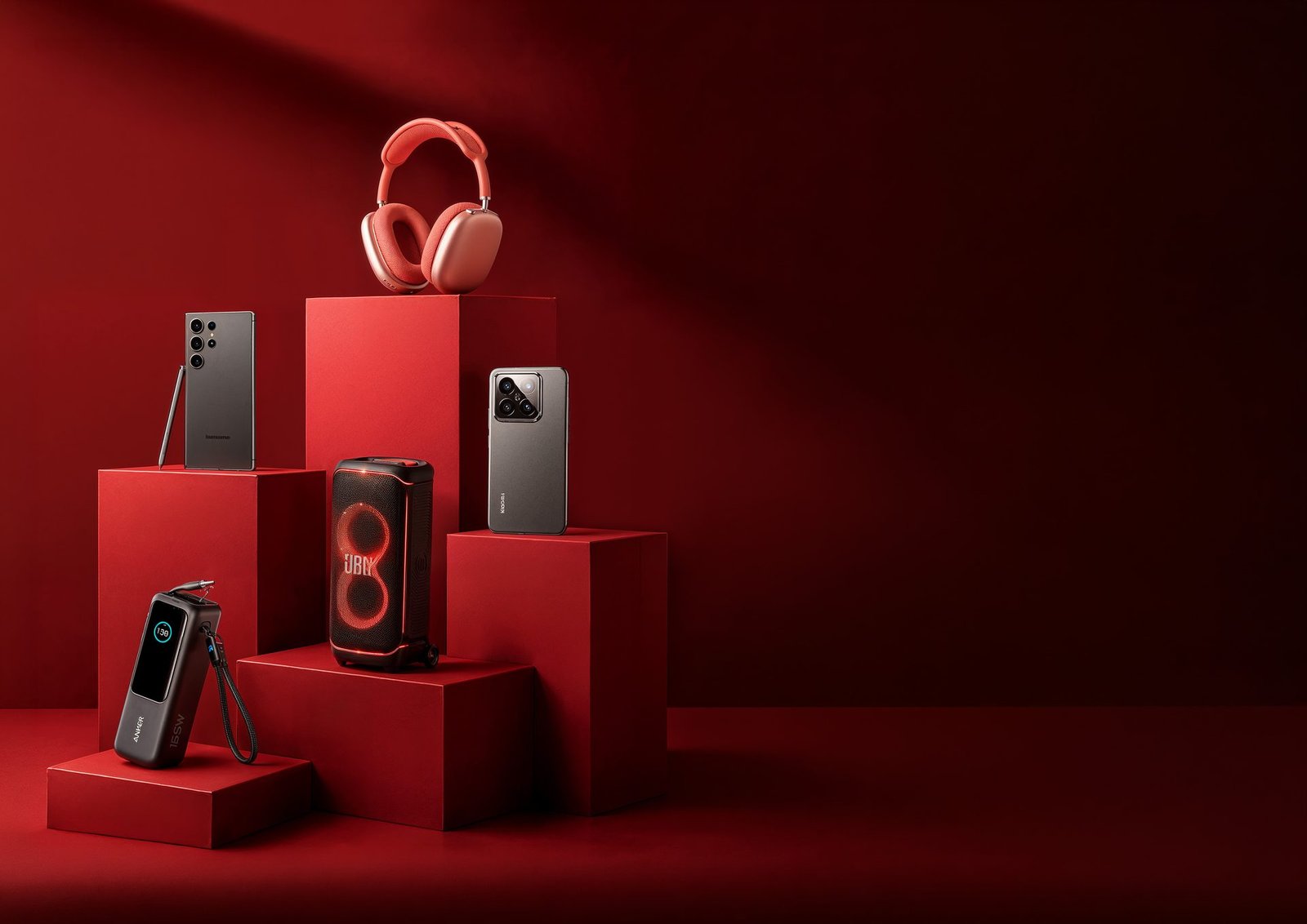 AirPods Max and speakers staged on deep red podiums