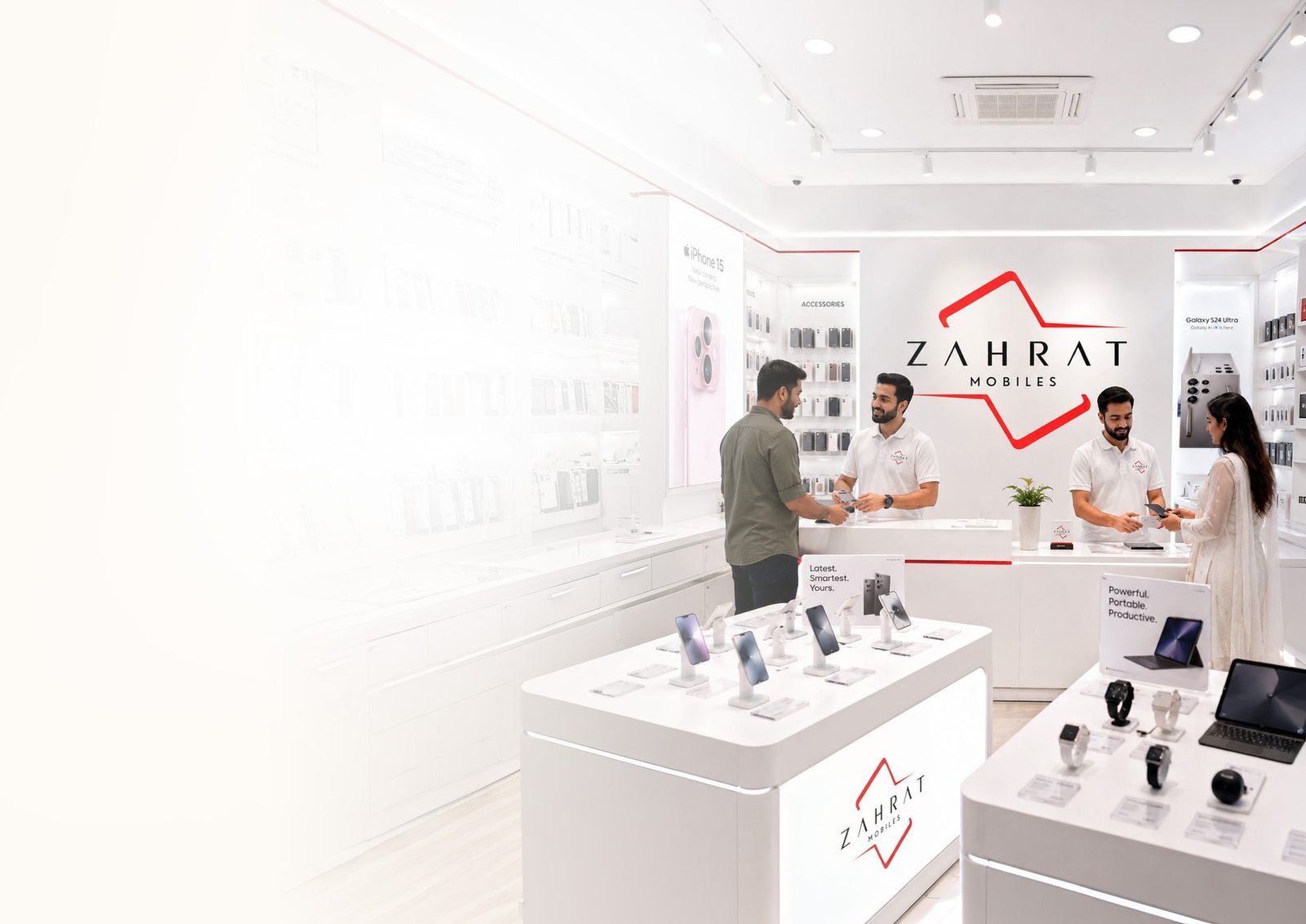 Inside a Zahrat Mobiles showroom — customers at the counter beneath the Zahrat logo
